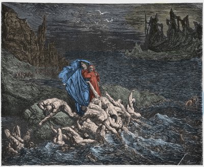 Inferno, Canto 7: Vergilius toont Dante de zielen van de toornigen in de Styx, illustratie uit De Goddelijke Komedie van Dante Alighieri, 1885 (digitaal ingekleurde gravure) door Gustave after Dore